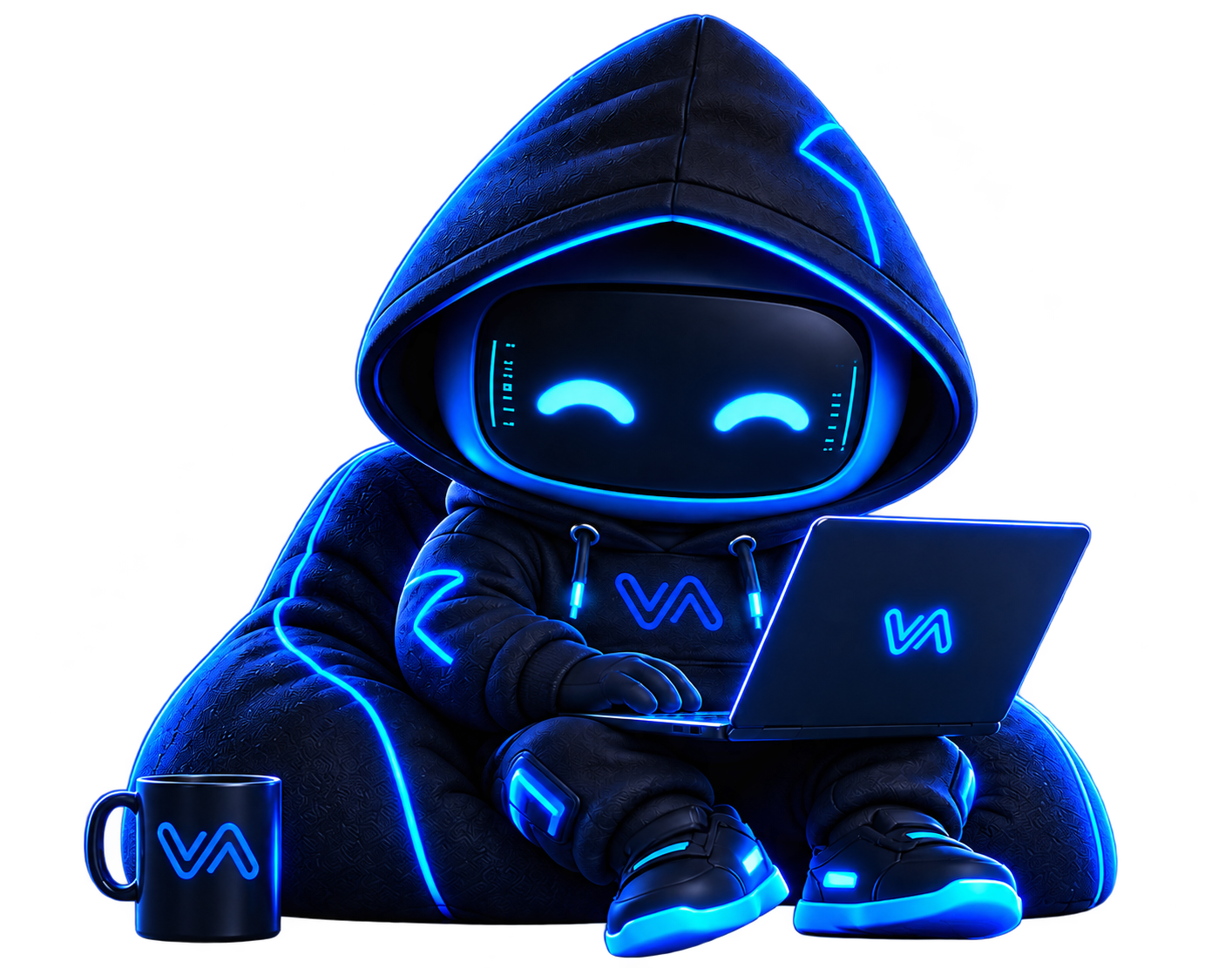 Mascote da Wave sentado no puff com o computador no colo e a caneca ao lado.